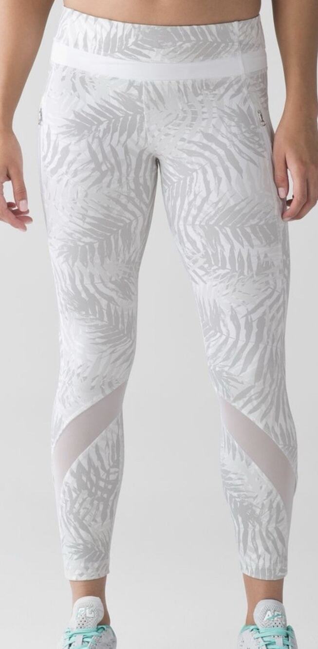 Lululemon White Gray Camo Palm Print Yoga Pants Leggings Side Zippers Sheer 12